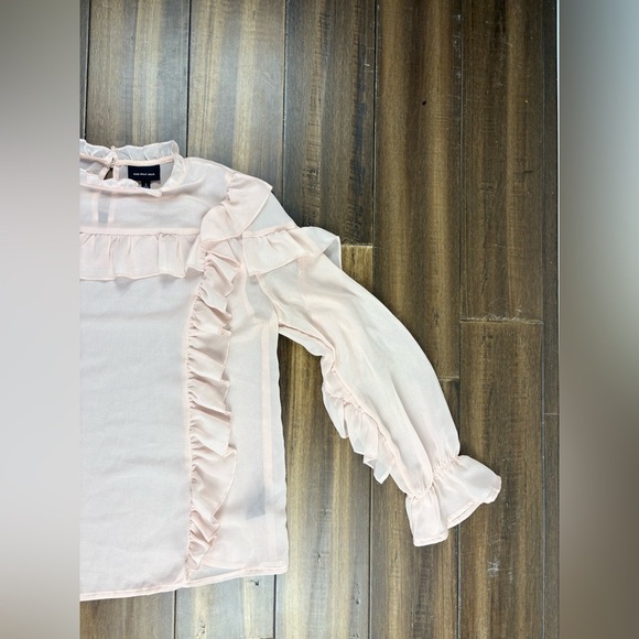 Sheer Pink size S Ruffle Mock Neck Blouse Top Long Sleeve Balloon Sleeves Cuff - Picture 4 of 8